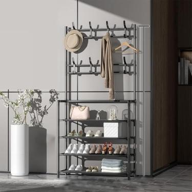 Imagem de Cabideiro De Metal De 4/5 Camadas Com Prateleira Cabideiro E Sapateira Entrada Hall Árvore Com Banco E Armazenamento De Sapatos Para Roupas Sapato Chapéu Bolsa, 80cm 4 Layer Black