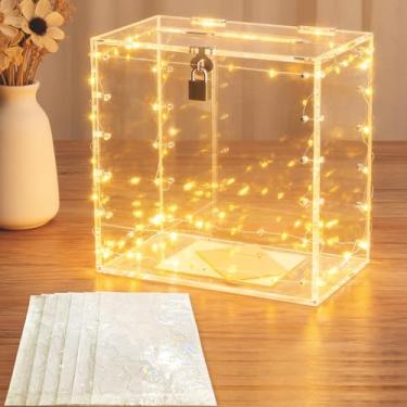 Imagem de Sankoly Caixa de cartão de casamento de acrílico com fechadura, caixas de cartão grandes transparentes com cordão de luz e adesivo de aderência estática de festival, suporte de caixa de dinheiro para