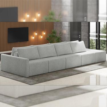 Imagem de Sofá Ilha Modulado Milos 432cm Puff Lateral Bouclê Cinza G33 - Gran Belo