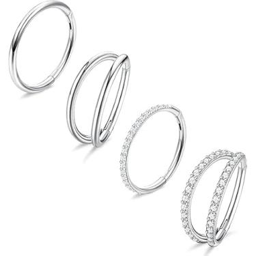 Imagem de Dochais 4 argolas de nariz de 18 G, brincos de aço cirúrgico, piercing de septo, zircônia cúbica, segmento articulado, cartilagem labial, argolas duplas de 8 mm 10 mm para mulheres e homens, Aço