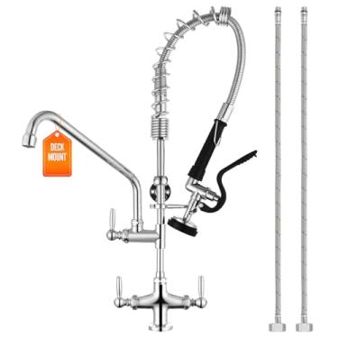 Imagem de PALUKIA Torneira de cozinha comercial de 68 cm de altura, torneira de montagem em deck com pulverizador pré-enxágue, torneira de pia comercial de furo único com bico giratório de 30 cm para