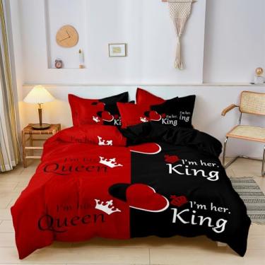Imagem de ZIRANSHU Conjunto de cama para casal, tamanho Queen, presente romântico de Dia dos Namorados, coroa, rainha e rei, conjunto de cama com coração vermelho, capa de edredom vermelho e preto