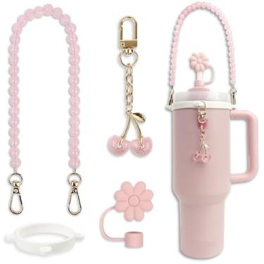 Imagem de BydGxy Conjunto de acessórios Stanley Cup para Stanley 850.5 g 1,134.0 g 567.0 g mini Tumbler, inclui tampa de palha, alça de garrafa de água e pingente de cereja, compatível com copo Stanley rosa e