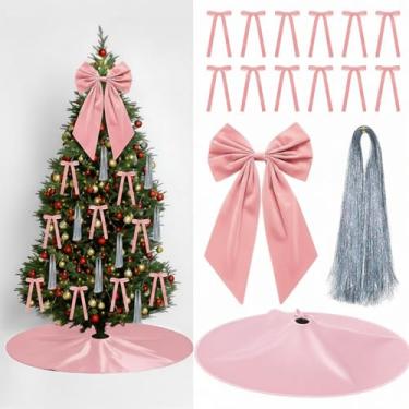 Imagem de Gejoy Conjunto de enfeites de Natal – 12 laços de veludo marrom, 1 saia de árvore de Natal, 1 arco grande de topo de árvore, 5000 fios de gelo de tinsel prata para árvores de Natal, grinaldas, lareira