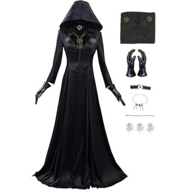 Imagem de Lady Alcina Dimitrescu Cosplay Fantasia Vestido Village Bela Daniela Cassandra Irmãs Roupão com Capuz com Colar Luvas Tatuagem, Preto, G
