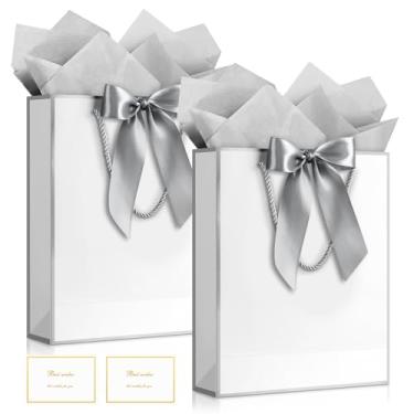 Imagem de YoungTree Saco de presente, 2 sacos de presente grandes com fita e 2 cartões comemorativos, 4 papéis de seda, bolsa de presente de papel portátil com alças, sacolas de presente de aniversário, sacolas