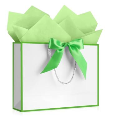 Imagem de YoungTree Saco de presente branco com papel de seda e 1 fita de cartão comemorativo, bolsa de presente de papel portátil com alças, sacolas de presente de aniversário, sacolas de presente para