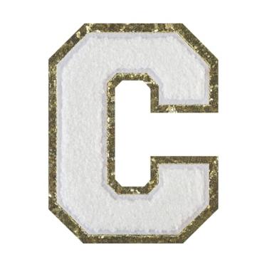 Imagem de 1 peça de patch de letra de chenille branco de 11,4 cm com borda dourada – Remendos do alfabeto para roupas, jaquetas, mochilas, chapéus para decoração personalizada, nome personalizado e artesanato