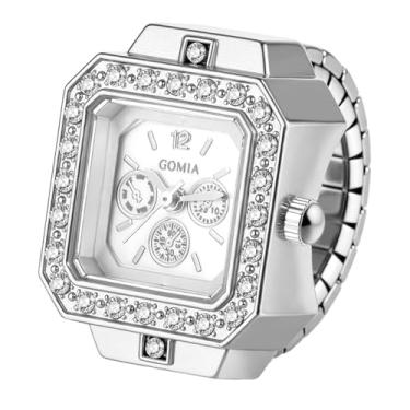 Imagem de OIDEA Relógio de dedo masculino feminino: luxo strass diamante decoração mostrador quadrado pulseira elástica analógico quartzo negócios casual relógios anel, A - prata
