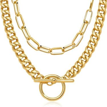 Imagem de Poxtex Colar de coração grosso de ouro para mulheres, banhado a ouro 14 k, delicado em camadas, pequeno, pingente de coração aberto, colar gargantilha com pingente de coração, pequeno empilhado, colar