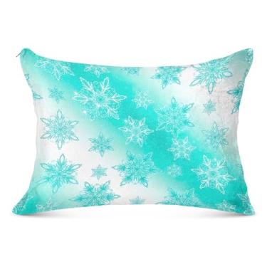 Imagem de Capa de almofada decorativa de inverno turquesa branca flocos de neve grande zíper longa fronha padrão King Queen capas de travesseiro bonitas para cabelo e pele, tamanho corporal, 53 cm x 137 cm