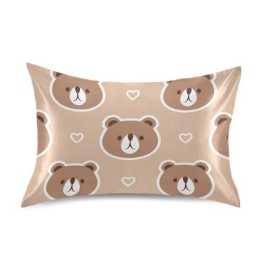 Imagem de Fronhas legais lindas estampas de urso marrom desenho animado cetim resfriamento padrão queen king size fronha macia personalizada capa de travesseiro tamanho queen 76 cm x 50 cm