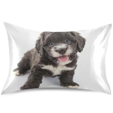 Imagem de Adoráveis capas de almofada de cetim marrom branco para filhotes, capas de travesseiro padrão King Queen, estampa divertida, decoração de cama, tamanho Queen, 76 cm x 50 cm