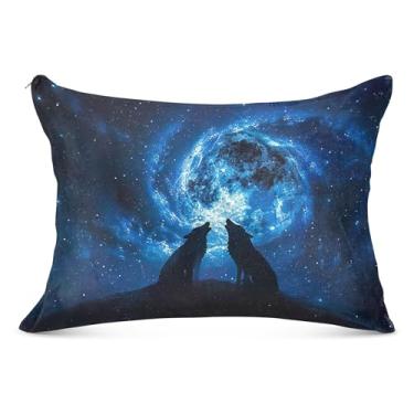 Imagem de Capas de travesseiro decorativas Wolves Howling Moon Night Space Flanela para travesseiro padrão Queen King Capa de almofada fofa grande, tamanho king, 50,8 cm x 101,6 cm