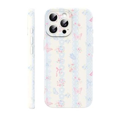 Imagem de FBHGLOA Capa de telefone para iPhone 16 Pro Max de 16,9 cm com flores listradas de renda estética, capa moderna com laço floral de borboleta coquete para mulheres e meninas à prova de choque macio
