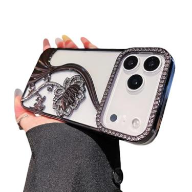 Imagem de Capa transparente para celular com flores de strass brilhantes para iPhone 17 16 15 14 13 12 11 Pro Max Air Plus, com moldura reforçada, preta.