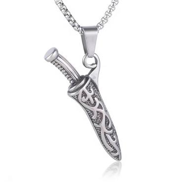 Imagem de Colar masculino e feminino gótico punk retrô espada arma faca punhal, aço inoxidável 316L, corrente de pérola quadrada de aço inoxidável prata, estilo motocicleta/motociclista, joia vintage de amuleto