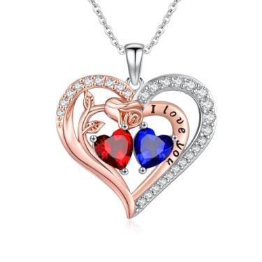 Imagem de WYDDO Colar de coração rosa para mulheres, pingente de pedra de nascimento duplo, presente de aniversário e Natal para sua esposa, mãe, filha, Base, Zircônia cúbica