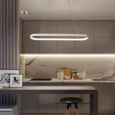 Imagem de Lustres de LED para mesas de jantar, escritórios amplos e salas de conferência, lustres de estúdio, balcões de bar ovais, lustres retangulares luxuosos com anéis brilhantes (branco, 80 cm)