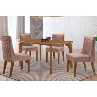 Imagem de Sala Jantar Mesa Londrina Tampo Curvo 120cm+4 Cadeiras Dafne Madeira Naturale - Capuccino/Linho Capuccino - Rufato