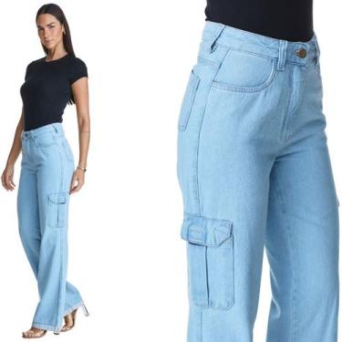 Imagem de Calça Jeans HNO Wide Leg Cargo Hot Pants Bolso Lateral Azul Claro - HN