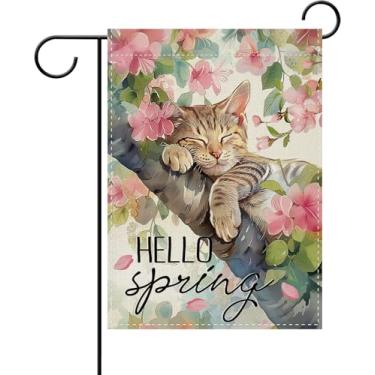 Imagem de Dyrenson Hello Spring Sleeping Tabby Cat Decorative Garden Flag, Pink Flower Yard Outside Home Decoration Pet Cat Owner Lover Gift, Floral Seasonal Burlap Outdoor Small Decor Dupla Face 12 x 18