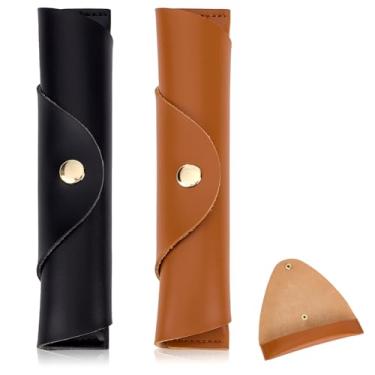 Imagem de MAYJOYDIY Estojo de couro vintage feito à mão, 2 peças, bolsa de couro de 18 x 3,5 cm, estojo de rolo de papelaria, estojo para porta-lápis, organizador de bolsa de armazenamento, marrom e preto