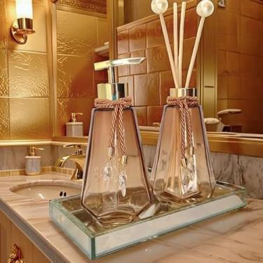 Imagem de Kit Lavabo Completo 300ml em Vidro Premium com Aromatizador Difusor Saboneteira e Bandeja Decorativa(Ambar Degrade C/Dourado,Com Bandeja)