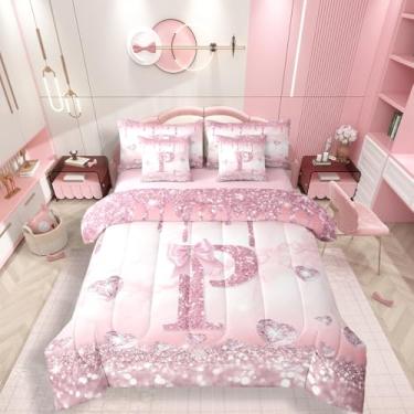 Imagem de Conjunto de edredom com letras do alfabeto, 7 peças, solteiro, monograma, laço rosa, para crianças, adolescentes, princesas sonhadoras, conjunto de lençol e lençol com laço dégradé