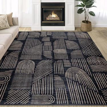 Imagem de MUJOO Tapete lavável de 12 x 18 cm, moderno, abstrato, antiderrapante, de pelo baixo, preto e dourado para sala de estar, quarto, sala de jantar