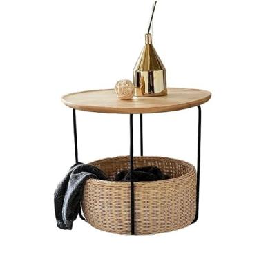 Imagem de Mesa central de madeira mesa de centro mesa de chá de duas camadas para casa simples sala de estar mesa de canto imitação de tecido de vime mesa de centro mesa de quarto (B)