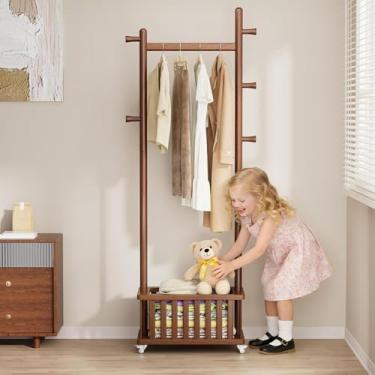 Imagem de Taitiy Cabideiro de madeira maciça, cabideiro independente com cesta de armazenamento e 5 ganchos, árvore de casaco resistente para entrada, sala de estar, suporte de cabide para chapéus, bolsas de