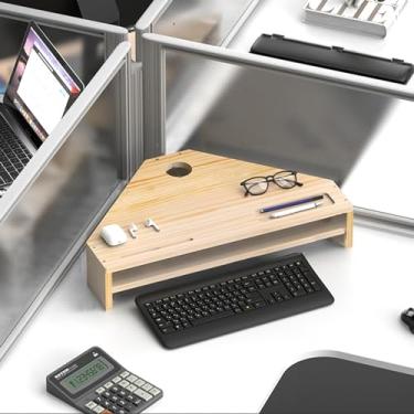 Imagem de Suporte para monitor de canto Suporte de computador de canto de mesa duplo com armazenamento, elevação de tela triângulo cortado com slot para caneta, prateleira de mesa com orifício para cabo e