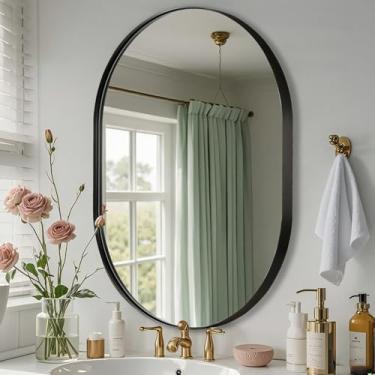 Imagem de JENBELY Espelho oval preto, espelho oval de banheiro de 43 x 76 cm, espelho preto fosco com moldura de liga de alumínio, antiferrugem, vidro temperado, espelho moderno de parede para banheiro, quarto