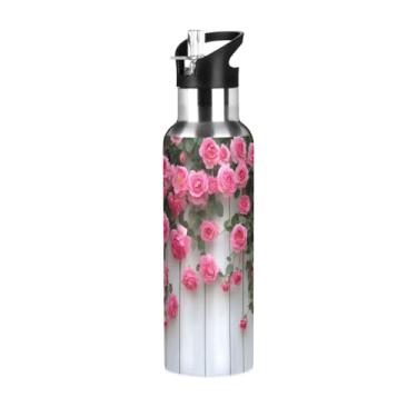 Imagem de Wassud Garrafa de água rosa florescendo garrafa de água esportiva de aço inoxidável com canudo garrafas de água isoladas copo portátil de viagem 947 ml