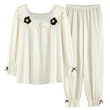 Imagem de 3FLQOOPP Pijama feminino de outono com blusa comprida e blusa feminina, princesa, cor branca, pijama para mulheres, pijama de lazer (branco 1X)