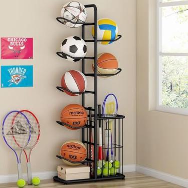 Imagem de ZDJZMGZ Suporte vertical de bola de basquete de metal com hastes suspensas removíveis e cesta lateral Rack independente de armazenamento de equipamentos esportivos para basquete, vôlei, rúgbi, 7