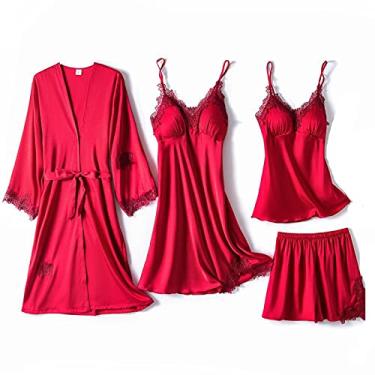 Imagem de HHHJQFAAT Pijama feminino conjuntos de pijama cami top camisola 5 peças roupa de dormir roupão de cetim conjuntos de camisola pijama GG rosa - 1 peça B (Borgonha 4 peças)