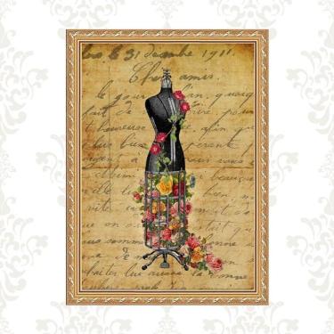 Imagem de Quadro Moldura Dourada Manequim Costura Flores 33X24Cm