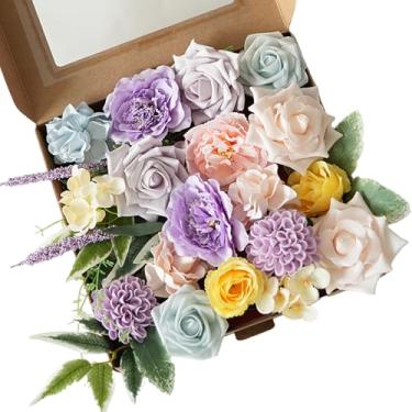 Imagem de TEMPUS Conjunto de caixa de flores coloridas artificiais, mistura de seda, peônia, rosa, hortênsia, flores falsas, para buquês de casamento, centros de mesa, festa, chá de bebê, decoração de casa