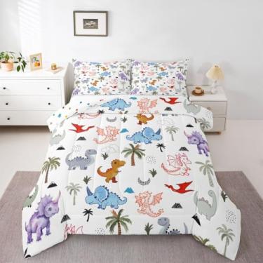 Imagem de jejeloiu Conjunto de edredom de dinossauro da selva para todas as estações, conjunto de cama com 1 fronha, estampa de dinossauro, microfibra 3D, para decoração de quarto, edredom respirável, macio e