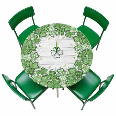 Imagem de Singingin Toalha de mesa redonda para Dia de São Patrício com borda elástica, trevos verdes em aquarela, trevos irlandeses, à prova d'água, à prova de óleo, capa de mesa para festas e piqueniques