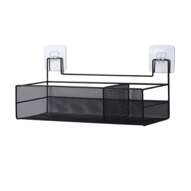 Imagem de Suporte de parede para banheiro com 2 compartimentos, sem perfuração, fio de metal, organizador de banheiro para lavanderia, sala de estar e cozinha, suporte de chuveiro (preto)