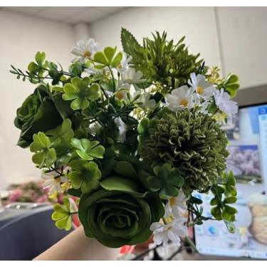 Imagem de GYWJJ Flores artificiais, flores de trevo verde, arranjo floral de primavera para decoração de casa, cozinha, dia de São Patrício