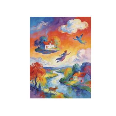 Imagem de BMZFYBS Arte de parede surrealismo impressões em tela - casa rio nuvens pôr do sol - pintura de decoração de paisagem - imagens para sala de estar 40 x 50 cm 16 x 20 pol sem moldura