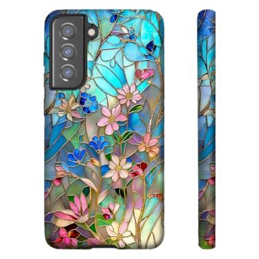 Imagem de ZHUXUXITT Capa para Samsung Galaxy S25/24, design de flor de flor de vitral, capa protetora de policarbonato rígido de TPU macio de camada dupla para homens e mulheres