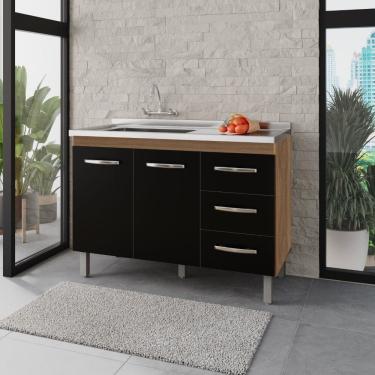 Imagem de Balcão 120cm Bianca 02 Portas e 03 Gavetas com Pia e Cuba GhelPlus Savana Preto Moblis