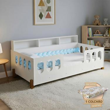 Imagem de Cama Montessoriana Completa Nina com Colchão + Enxoval e Trança Azul 2,5m