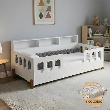 Imagem de Cama Montessoriana Completa Nina com Colchão + Enxoval e Trança Cinza 2,5m