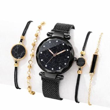 Imagem de Relógio Feminino Elegante Magnética Preta kit com 4 pulseira - - anjo 